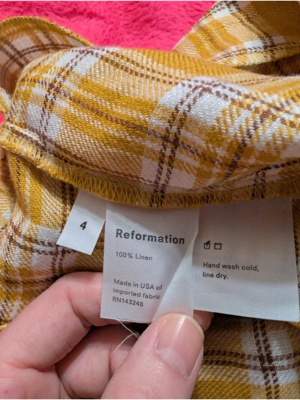 Reformation Yellow Plaid Pants Women Size 4 Made In USA 100% Linen Wide Leg Crop